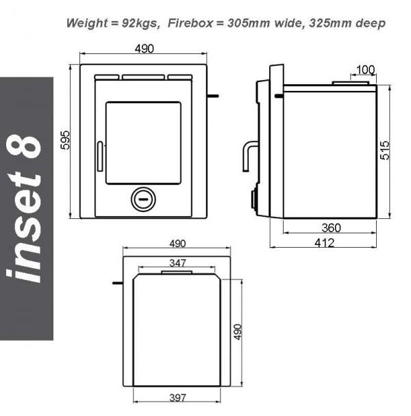 Ekol Inset 8 woodburning stove dimensions