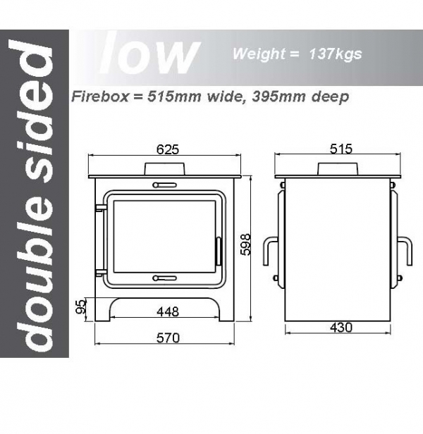 Ekol Clarity double sided woodburning stove low leg dimensions