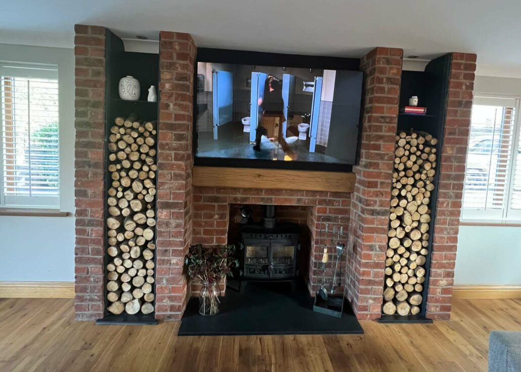 woodburning stove install with media wall reading and Reading